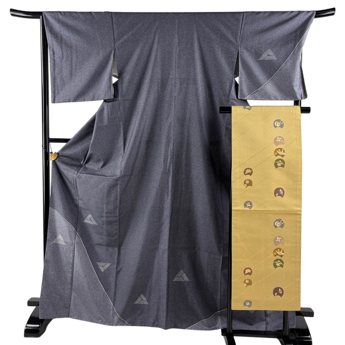 【美品】 付下げ 身丈169cm 裄丈69cm L 袷 名古屋帯セット 紬地 幾何学模様 青灰色 正絹 秀品 【中古】