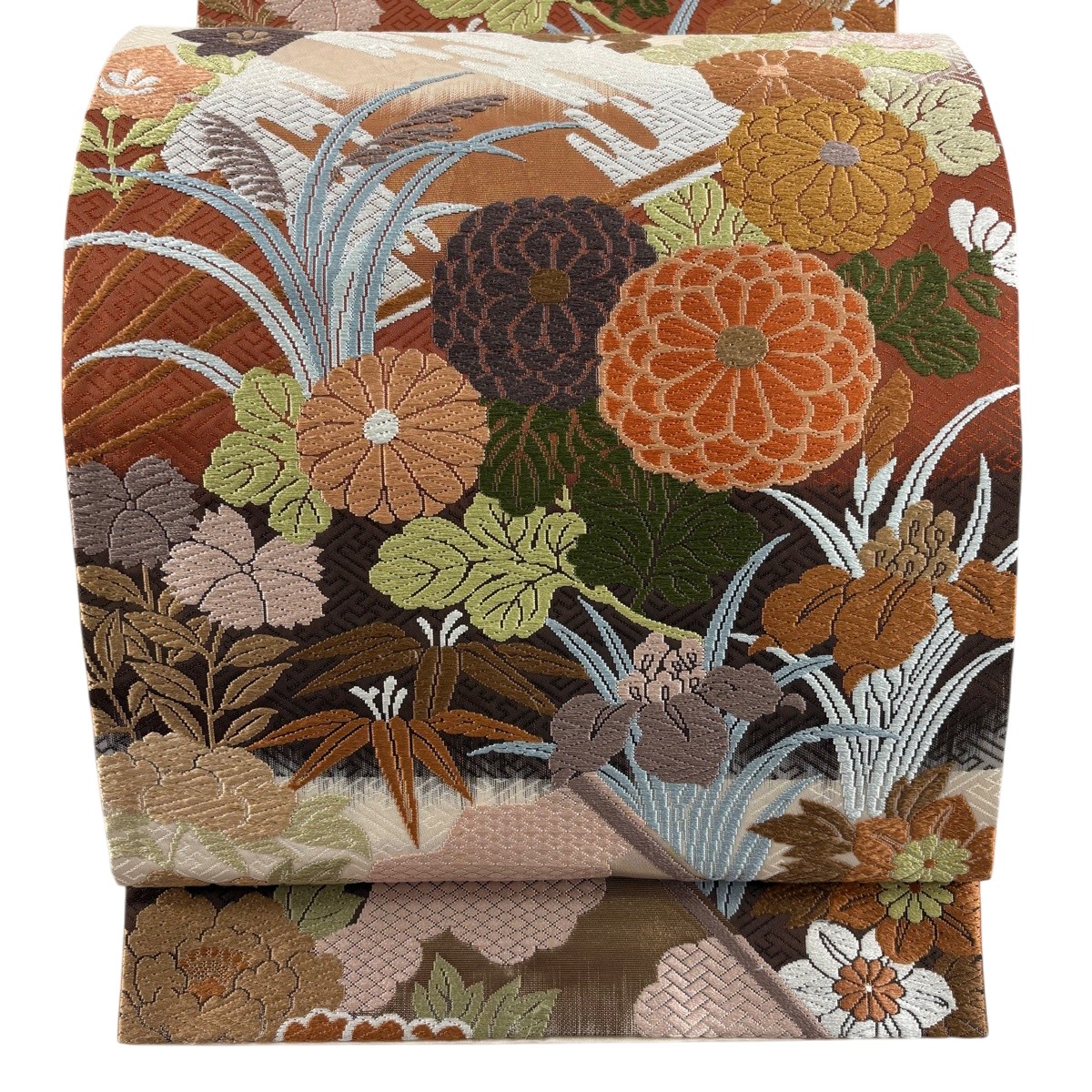 袋帯 秀品 秋草 扇 箔 唐織 ベージュ 六通 正絹 【中古】