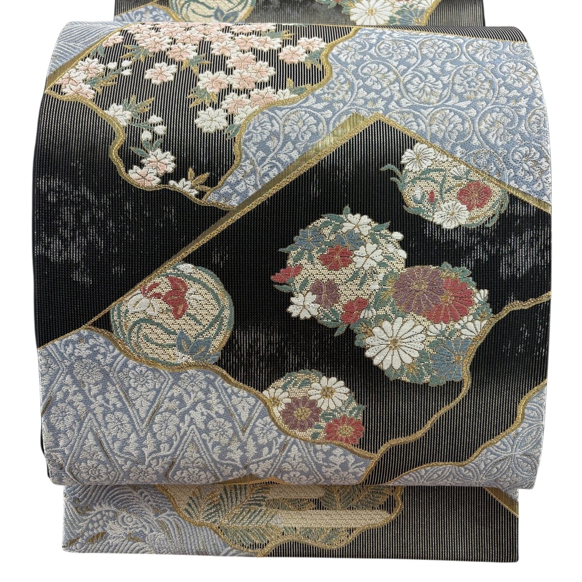 【美品】 袋帯 秀品 花丸文 桜 金糸 箔 黒灰 六通 正絹 【中古】