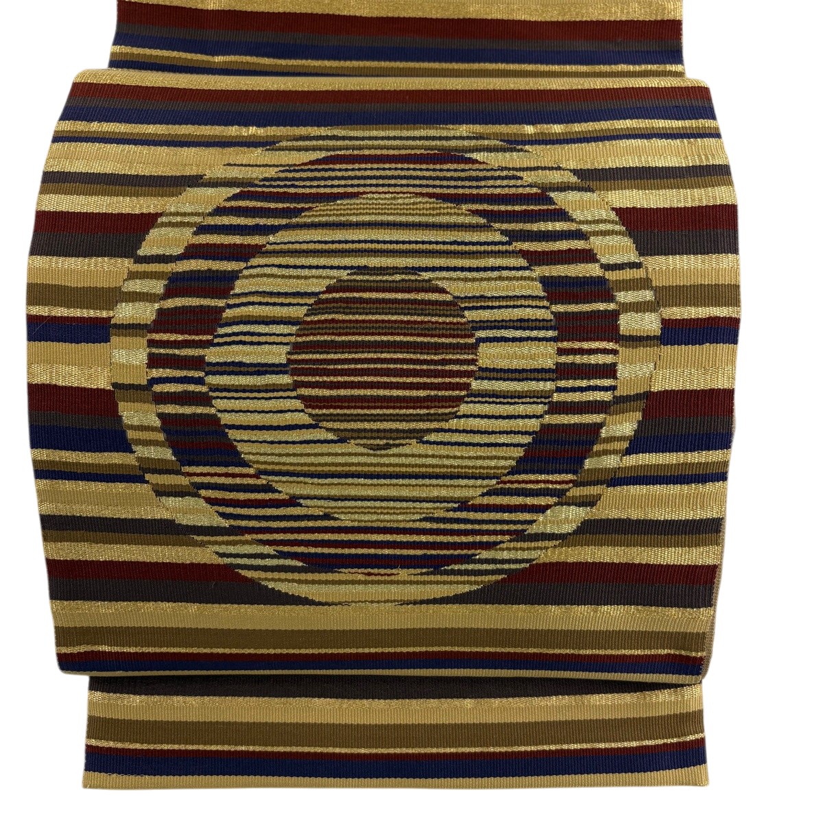 【美品】 袋帯 秀品 縞 丸文 金糸 ベージュ お太鼓柄 正絹 【中古】