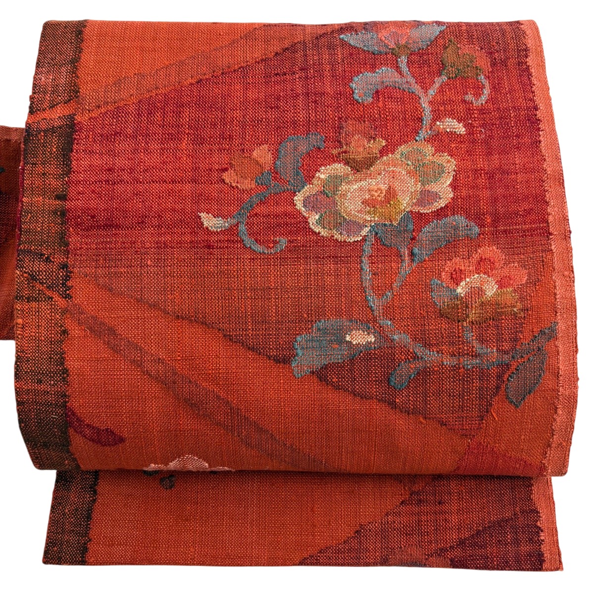 【美品】 名古屋帯 秀品 渡文 花唐草 幾何学模様 朱色 正絹 【中古】