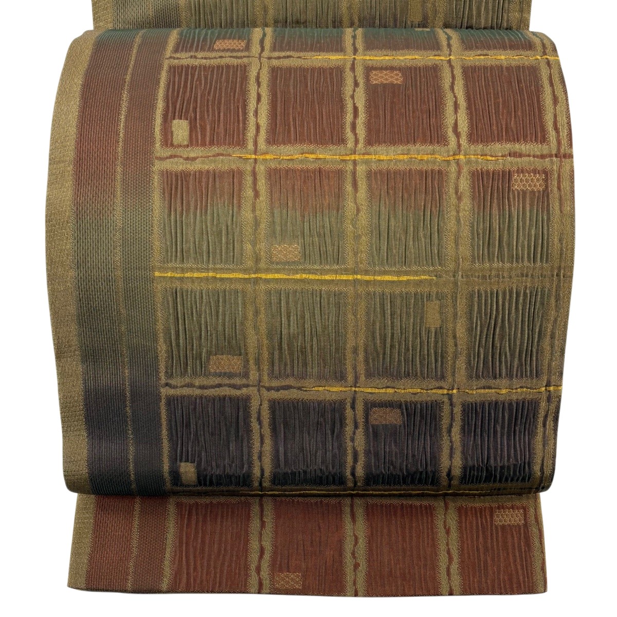 【美品】 袋帯 秀品 格子 幾何学模様 金糸 茶緑色 全通 正絹 【中古】