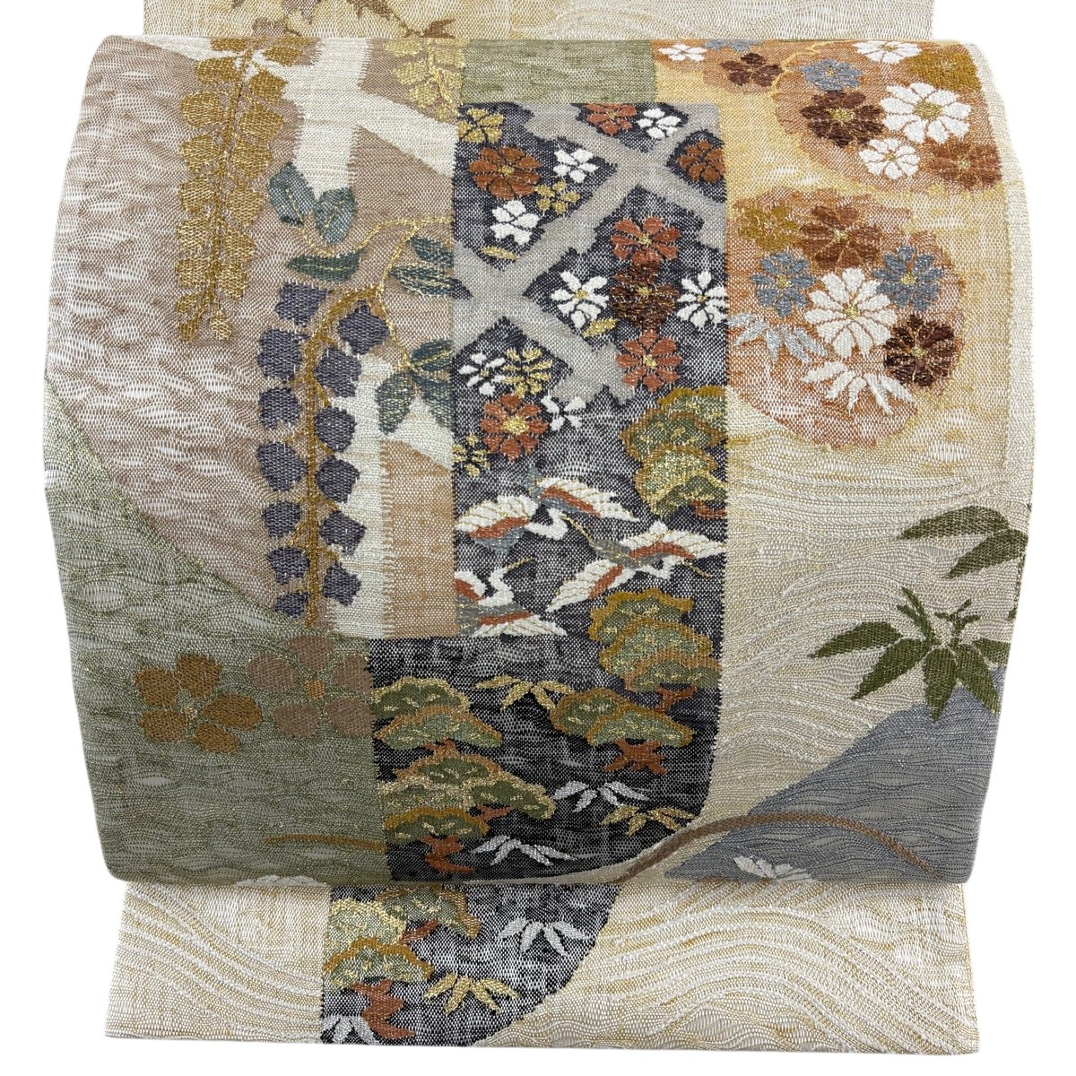 【美品】 袋帯 秀品 鶴 草花 箔 金糸 ベージュ お太鼓柄 正絹 【中古】