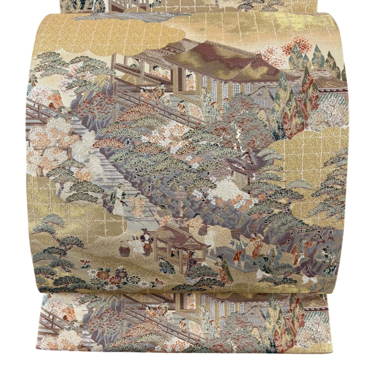 【美品】 袋帯 秀品 建物 人物 刺繍 金糸 金色 六通 正絹 【中古】