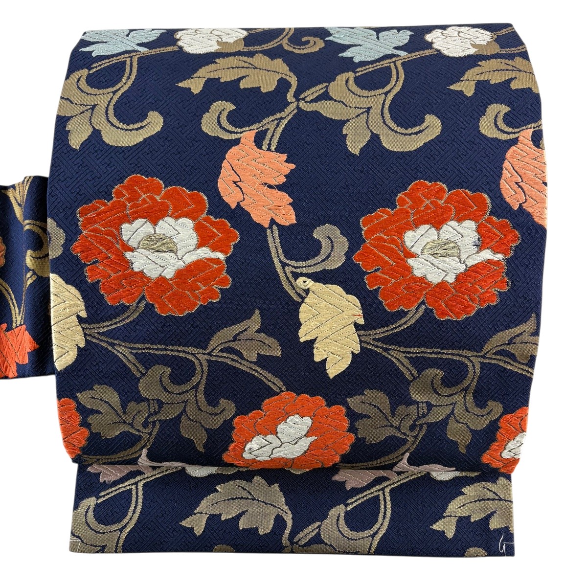 名古屋帯 秀品 花唐草 刺繍 金糸 紺色 正絹 【中古】