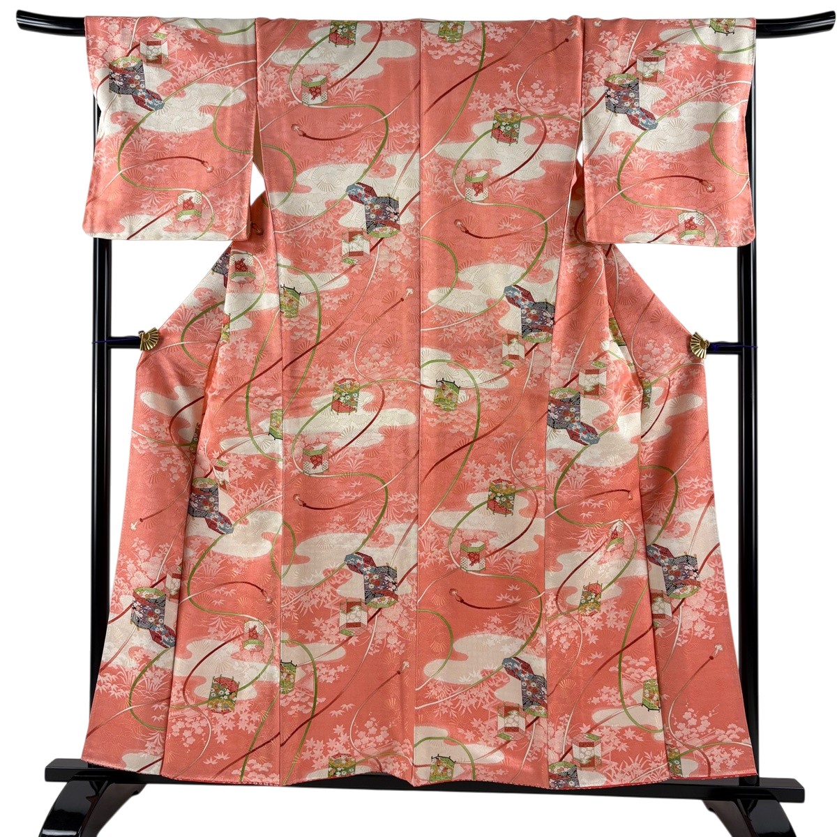 【美品】 小紋 身丈157.5cm 裄丈68.5cm L 袷 貝桶 組紐 金通し 金彩 ピンク 正絹 秀品 【中古】