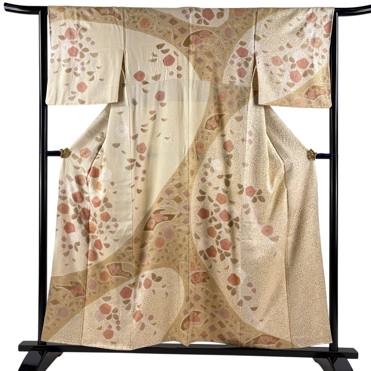 訪問着 身丈155cm 裄丈64cm M 袷 草花 扇面 金彩 絞り ベージュ 正絹 秀品 【中古】 6,160円