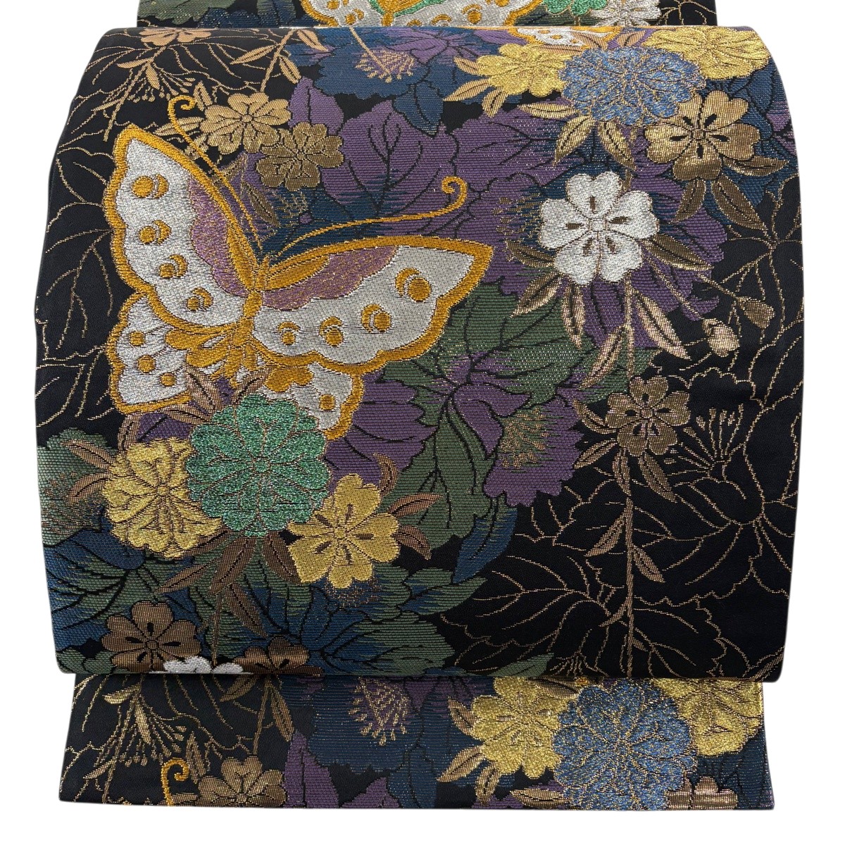 【美品】 袋帯 秀品 草花 蝶 箔 金銀糸 黒 六通 正絹 【中古】
