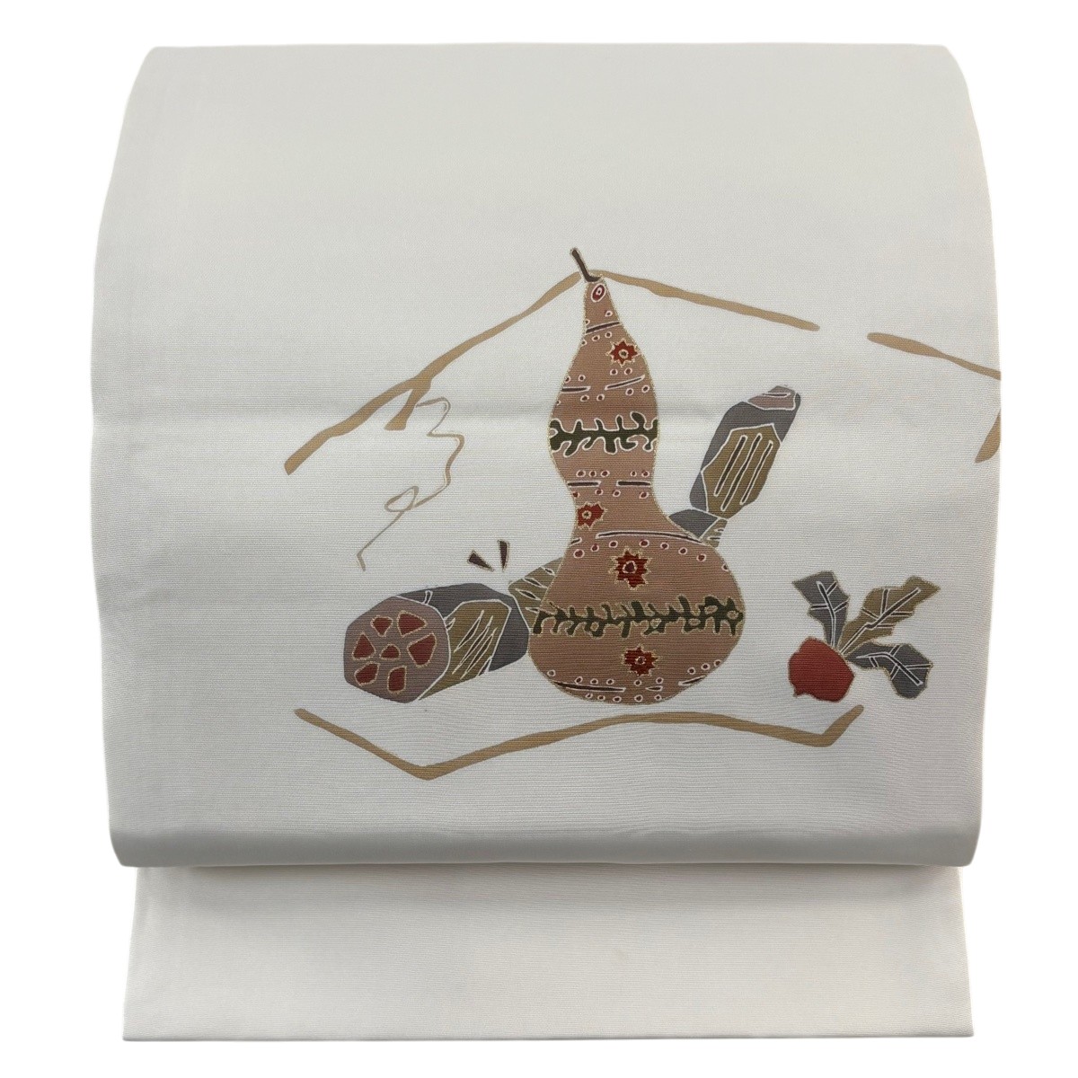 開き名古屋帯 秀品 瓢箪 蓮根 金彩 灰白 正絹 【中古】