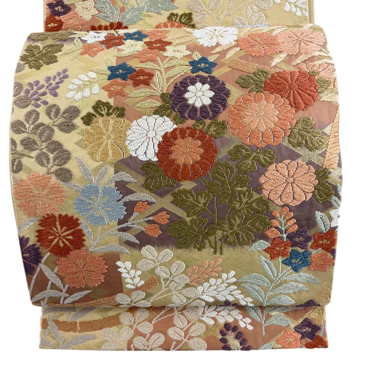 袋帯 秀品 秋草 松川菱 唐織 箔 ベージュ 六通 正絹 【中古】