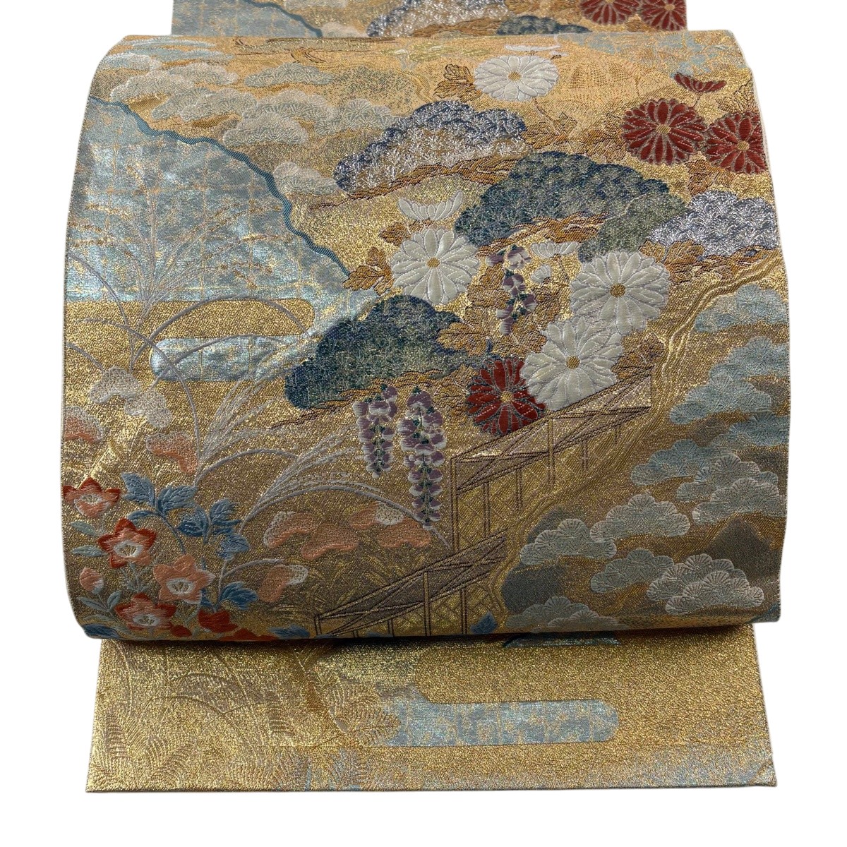 袋帯 秀品 秋草 笠松 金糸 箔 金色 六通 正絹 【中古】