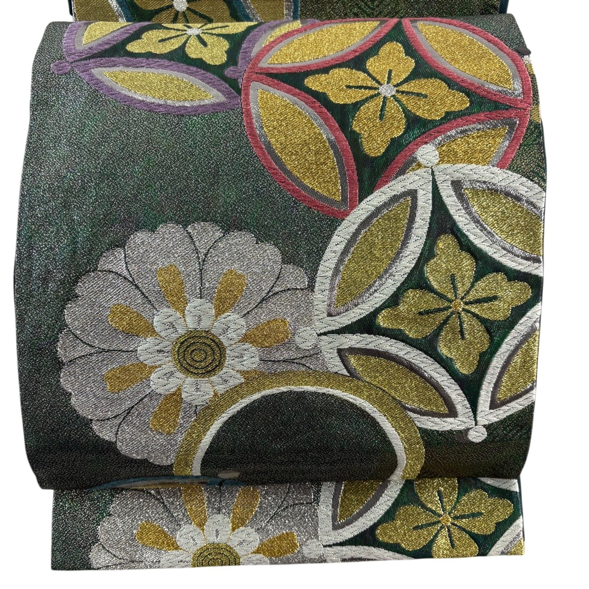 袋帯 秀品 七宝花菱 花 金銀糸 箔 緑 六通 正絹 【中古】