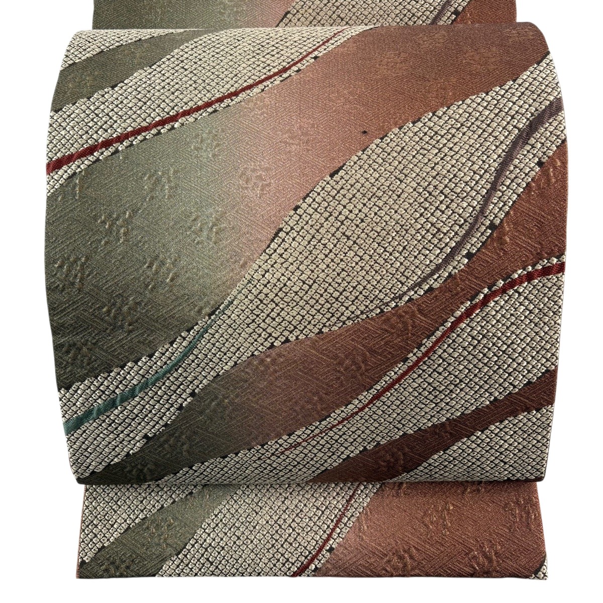 【美品】 袋帯 秀品 疋田 よろけ縞 箔 茶色 六通 正絹 【中古】