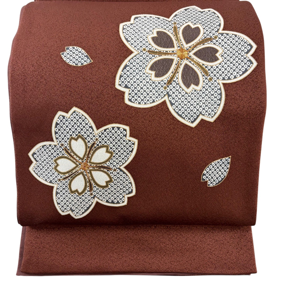 【美品】 袋帯 秀品 関西仕立て 桜 金彩 茶色 お太鼓柄 正絹 【中古】