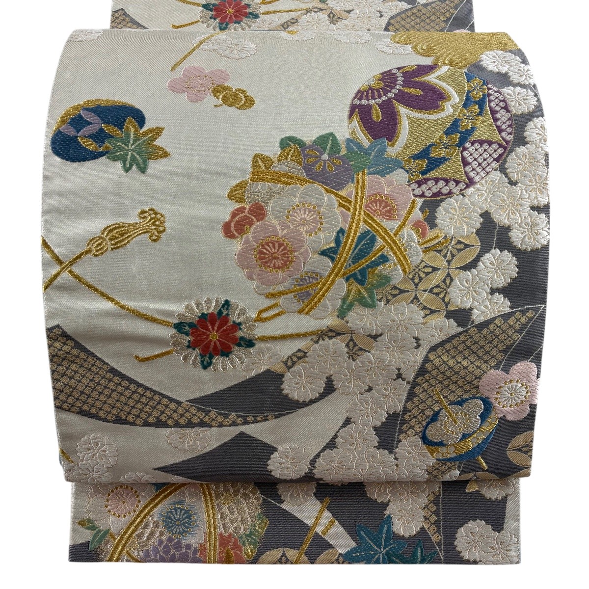 袋帯 秀品 手鞠 桜 金銀糸 銀色 六通 正絹 【中古】