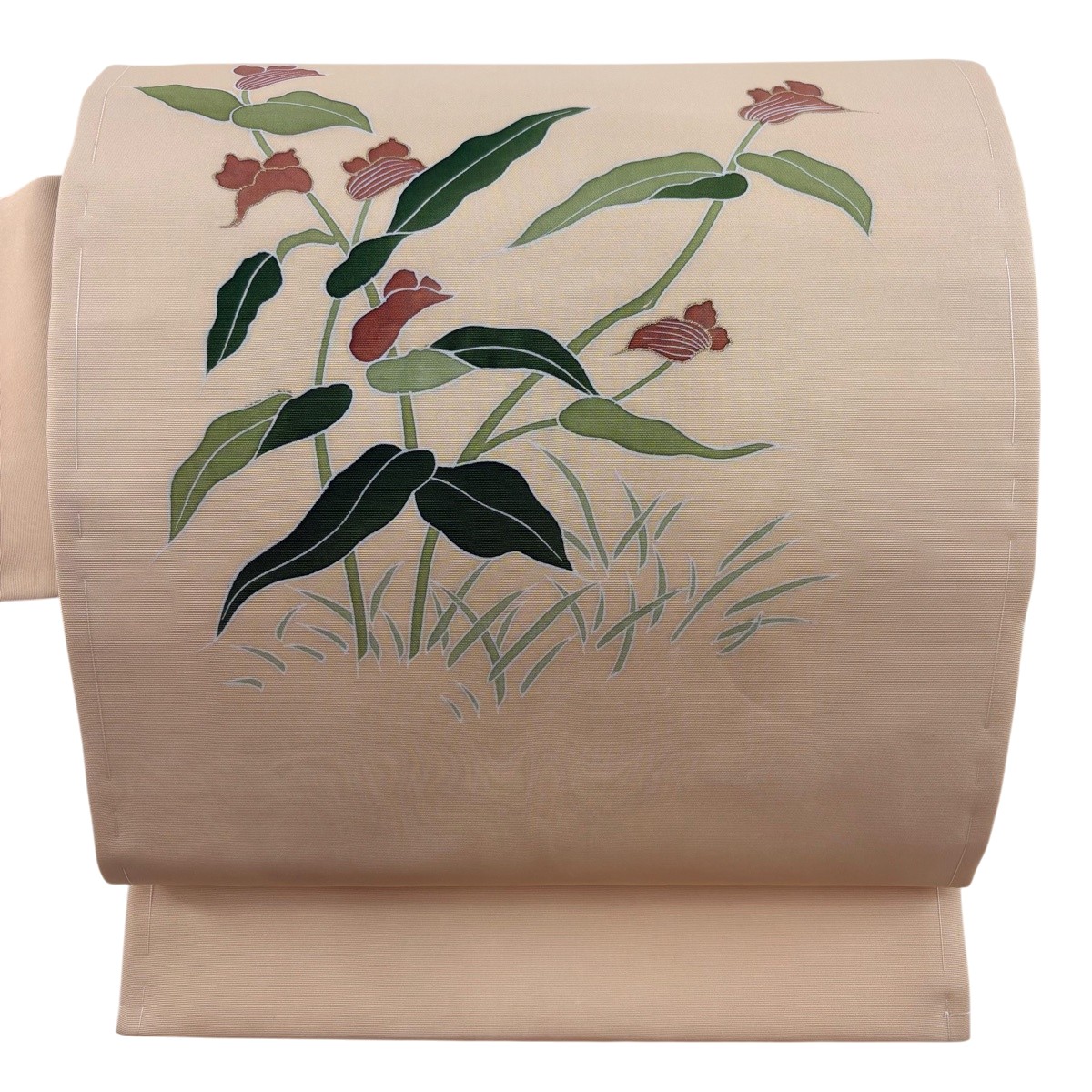 【美品】 名古屋帯 秀品 草花 葉柄 金彩 ベージュ 正絹 【中古】