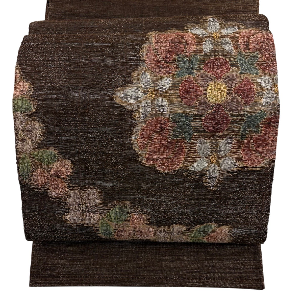 【美品】 袋帯 秀品 紬地 草花 金糸 焦茶色 お太鼓柄 正絹 【中古】 6,864円