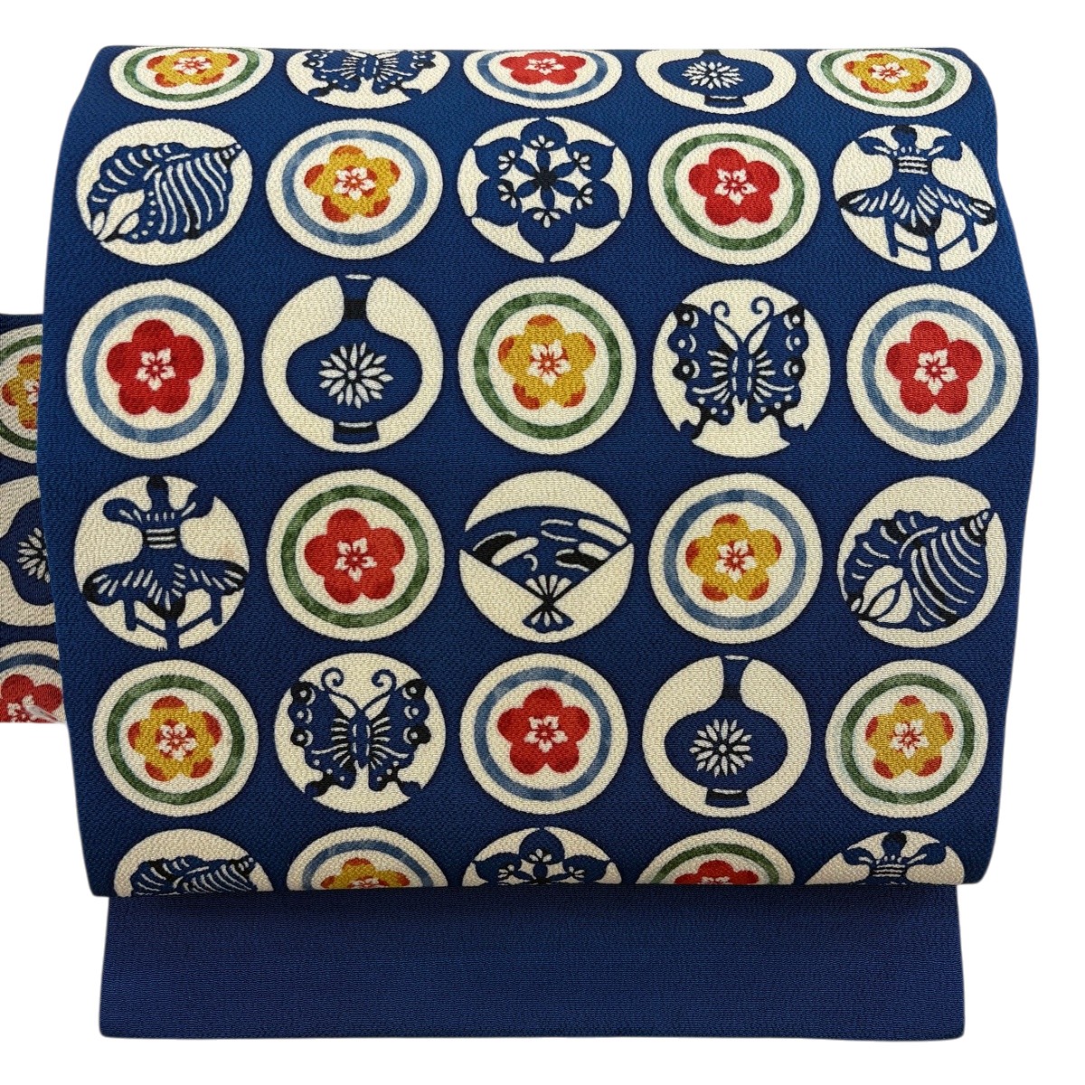 【美品】 名古屋帯 秀品 丸文 梅 縮緬 青 正絹 【中古】