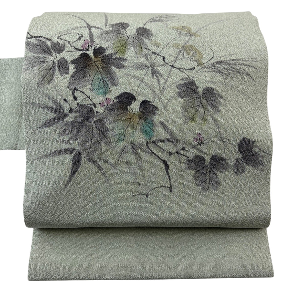 【美品】 名古屋帯 秀品 高級ちりめん名古屋帯 葉と実 すすき 縮緬 薄緑 正絹 【中古】