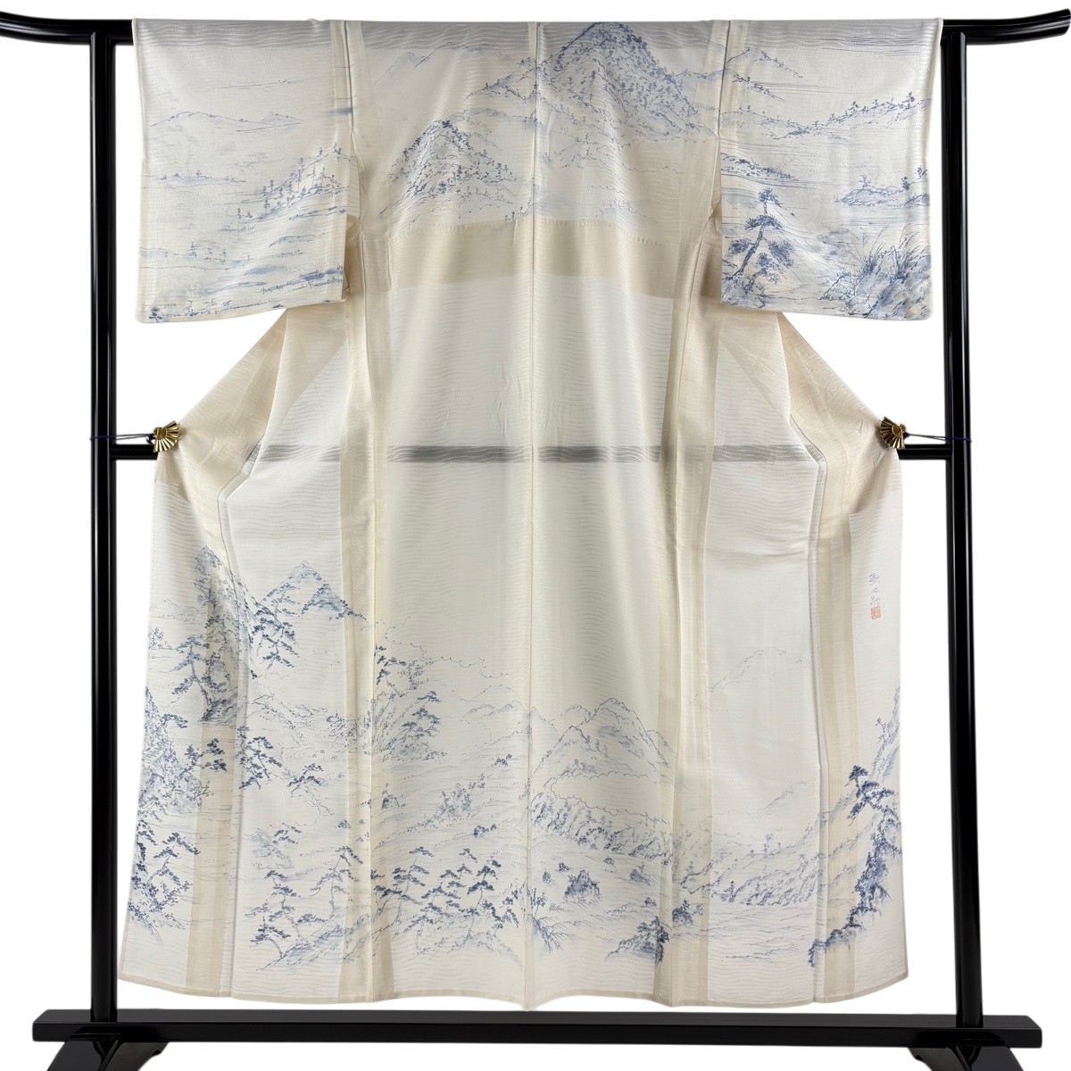 訪問着 身丈153.5cm 裄丈62cm S 薄物 紗 落款あり 遠山 流水 クリーム 正絹 秀品 【中古】