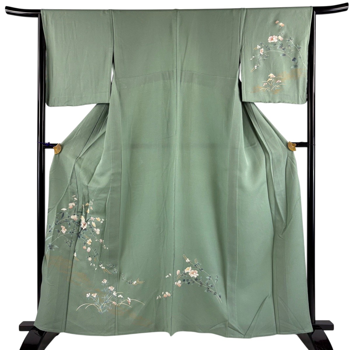 付下げ 身丈162cm 裄丈65cm M 単衣 草花 流水 金彩 薄緑 正絹 秀品 【中古】
