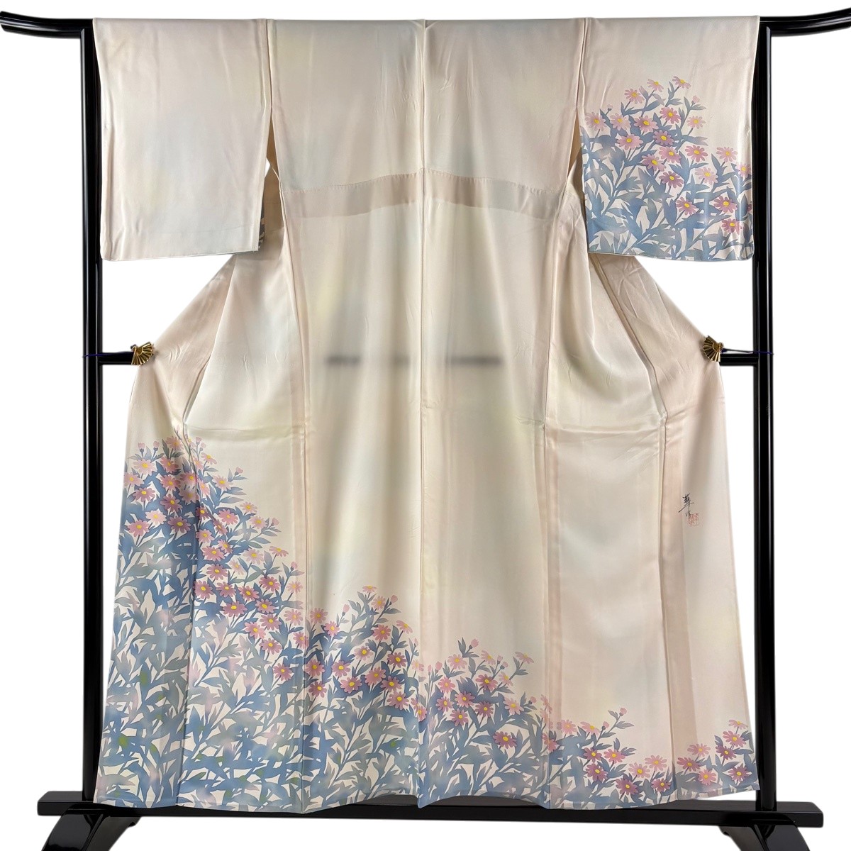付下げ 身丈156cm 裄丈64.5cm M 単衣 前田華清 落款あり 草花 ぼかし 薄ピンク 正絹 秀品 【中古】