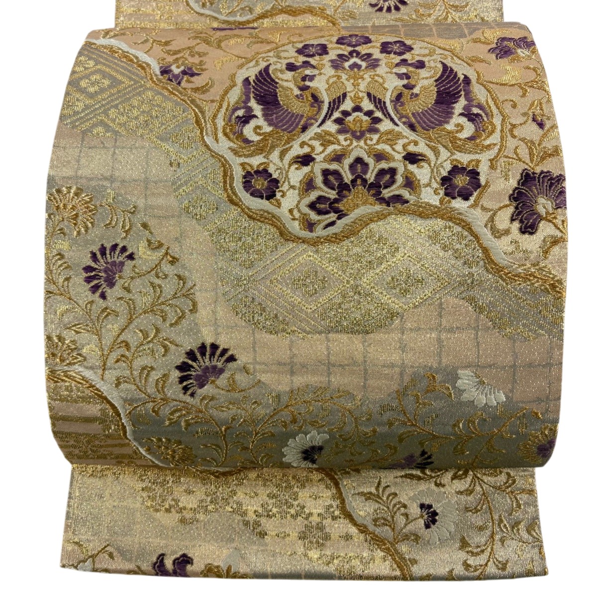 袋帯 珠玉 じゅらく 名書きあり 天津御姉紫 鳳凰 花唐草 唐織 金糸 金色 お太鼓柄 正絹 【中古】