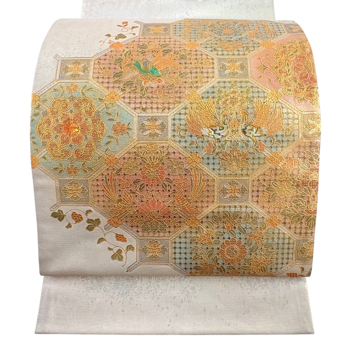 袋帯 名品 鳳凰 蜀江華文 螺鈿 金銀彩 ベージュ お太鼓柄 正絹 【中古】