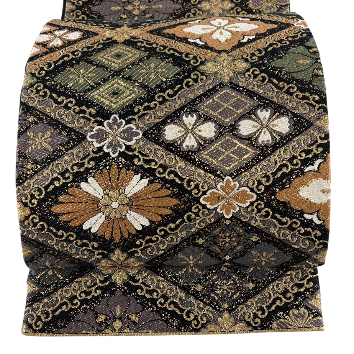 袋帯 名品 華文 菱 金糸 刺繍 黒 六通 正絹 【中古】