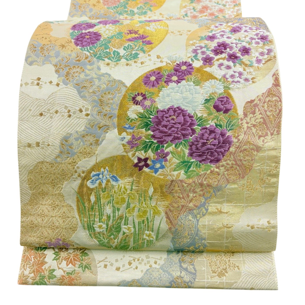 袋帯 名品 じゅらく 落款あり じゅらく帝王紫 四季の花 丸文 金糸 箔 金色 お太鼓柄 正絹 【中古】 10,074円