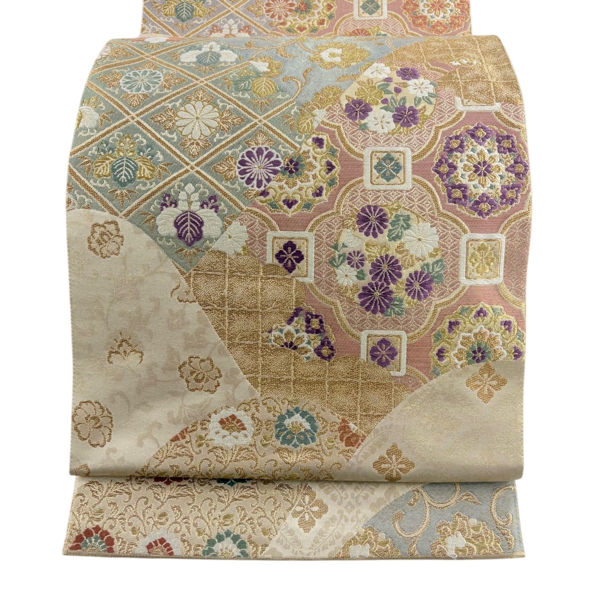 袋帯 名品 じゅらく 落款あり 帝王紫 花唐草 春秋祥華文 金糸 箔 金色 六通 正絹 【中古】