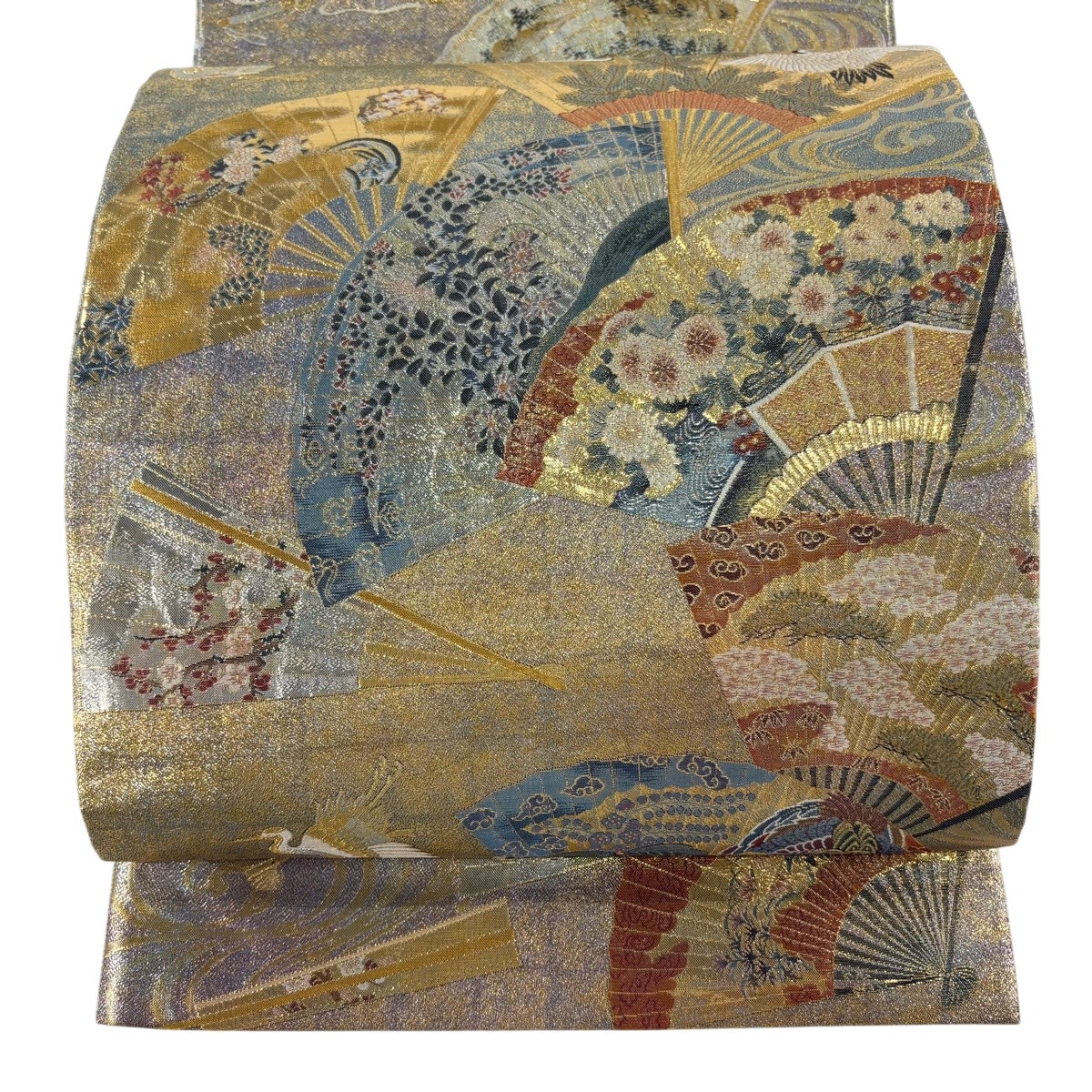 袋帯 名品 落款あり 徳川美術館秘蔵 扇 花鳥 箔 金糸 金色 お太鼓柄 正絹 【中古】 10,212円