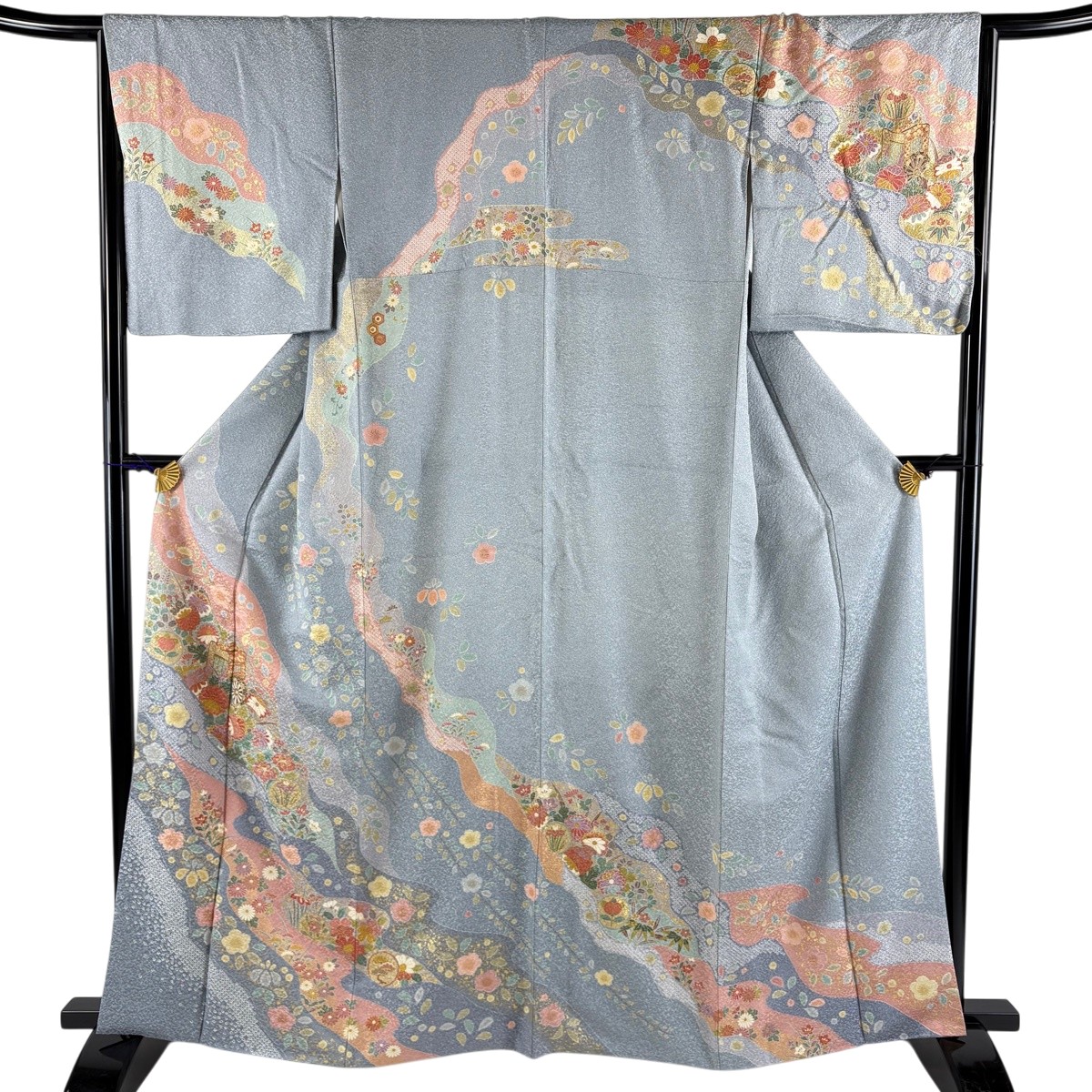 訪問着 身丈160.5cm 裄丈67cm M 袷 御所車 菊 金彩 染め分け 水色 正絹 名品 【中古】