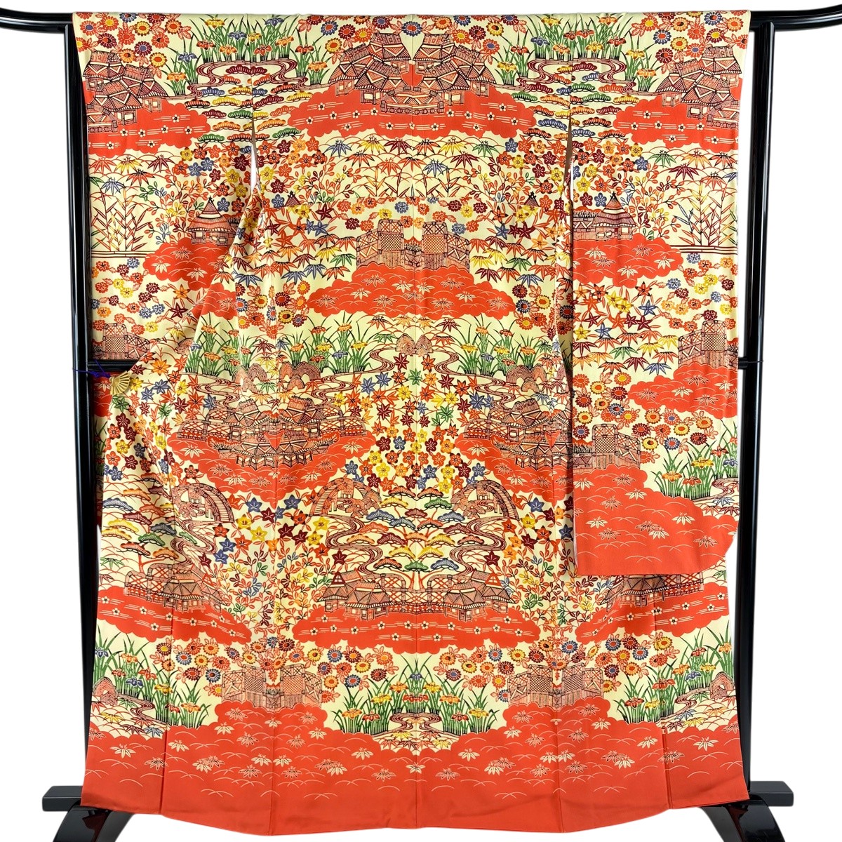 振袖 身丈162.5cm 裄丈64cm M 袷 建物 松竹梅 黄色 正絹 名品 【中古】