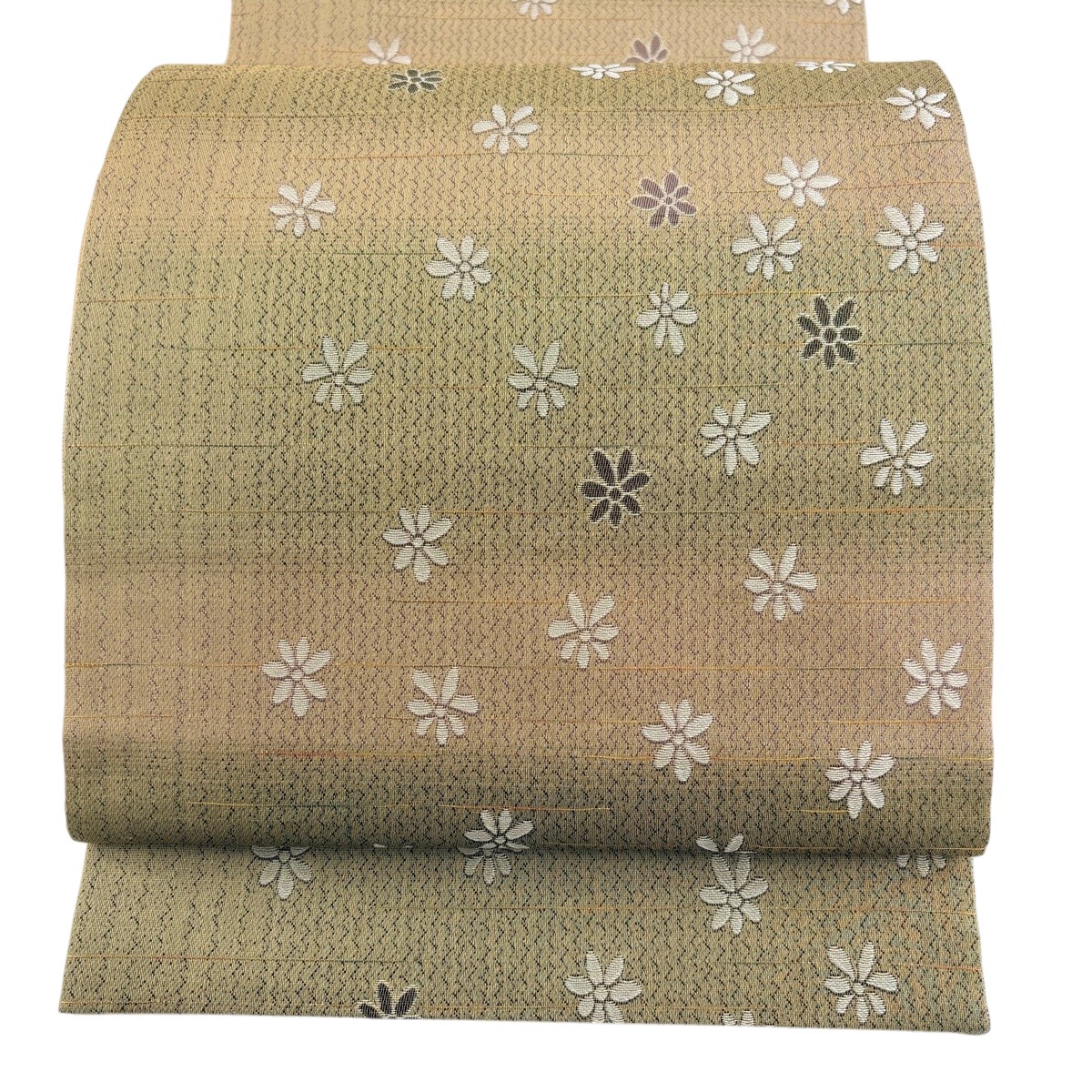 袋帯 名品 花 縞 金糸 灰茶 六通 正絹 【中古】