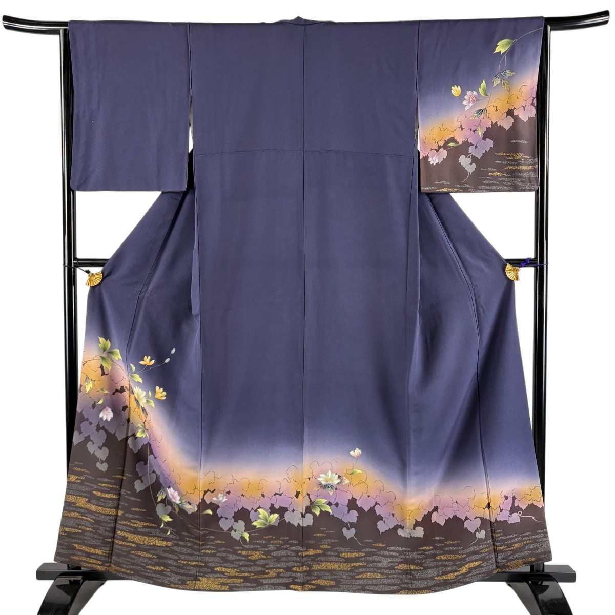 訪問着 身丈160cm 裄丈65cm M 袷 草花 シルエット 金銀彩 ぼかし 紺色 正絹 秀品 【中古】