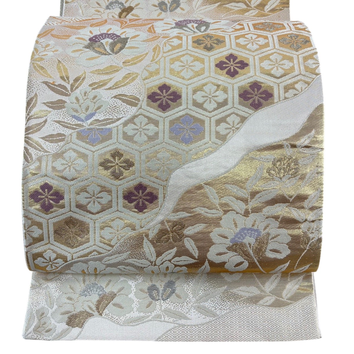 袋帯 秀品 草花 亀甲 金銀糸 箔 金色 六通 正絹 【中古】