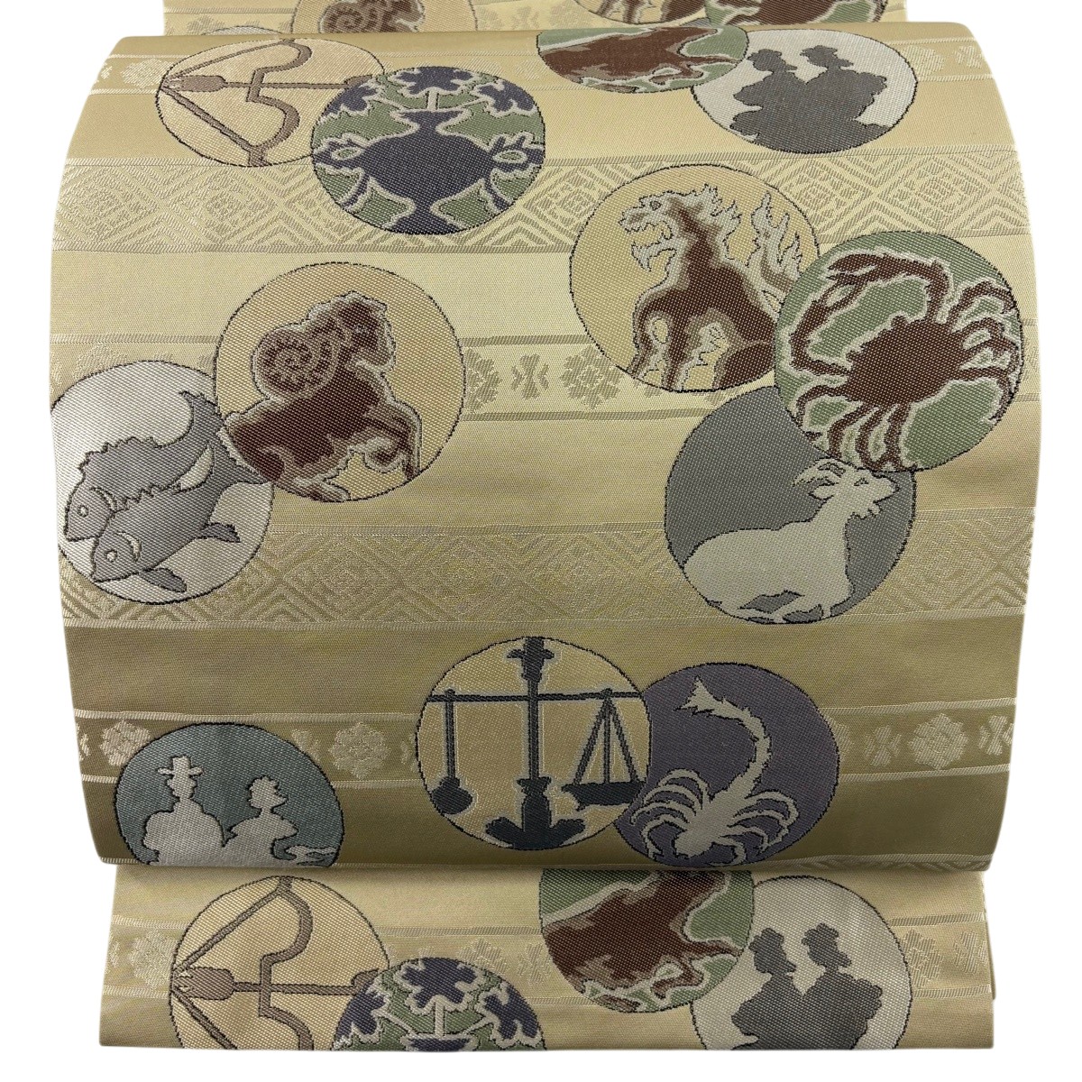 【美品】 袋名古屋帯 秀品 星座 縞 ベージュ 正絹 【中古】