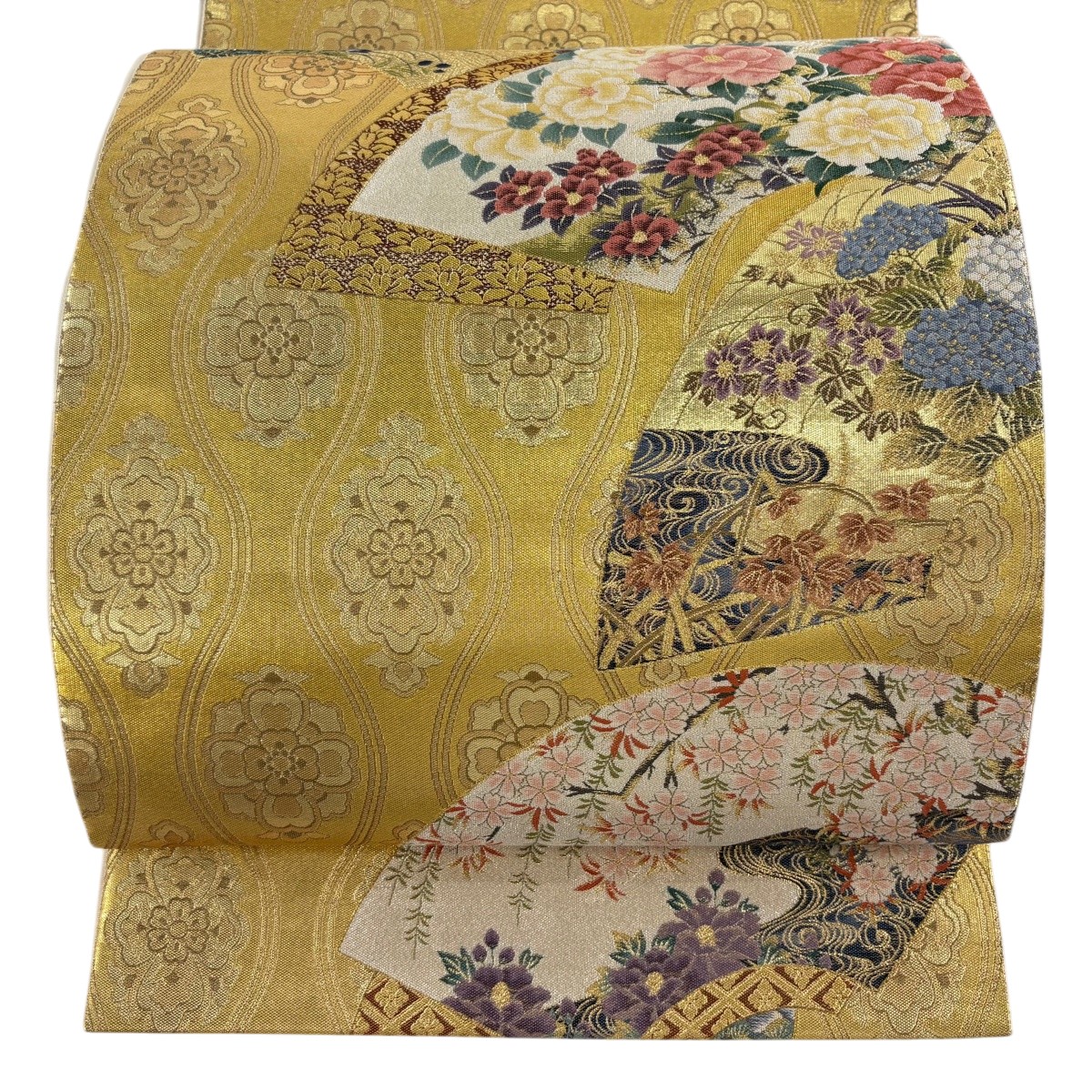 【美品】 袋帯 秀品 落款あり 松尾京敏 扇面 立涌 箔 金色 お太鼓柄 正絹 【中古】