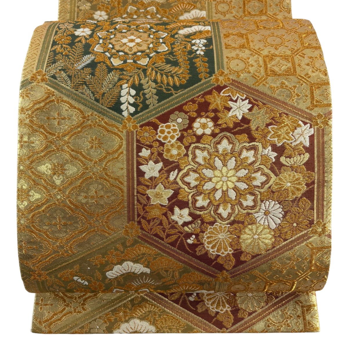 【美品】 袋帯 秀品 亀甲 草花 箔 金糸 金色 六通 正絹 【中古】