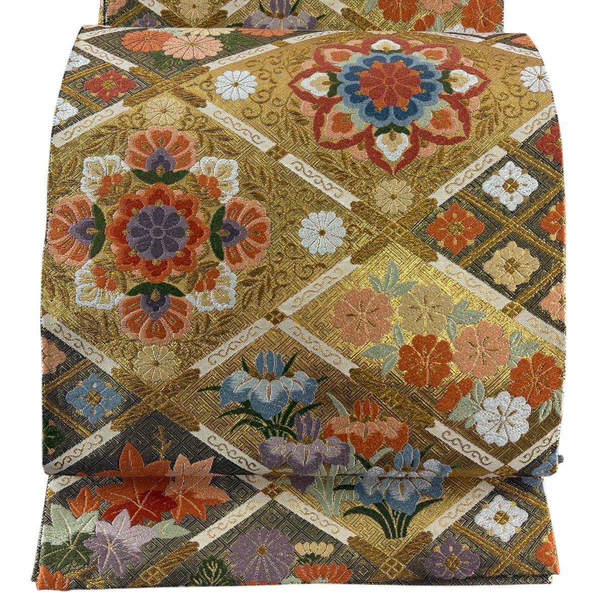 【美品】 袋帯 秀品 綾都久紫 四季格天井文 華文 金糸 刺繍 金色 六通 正絹 【中古】