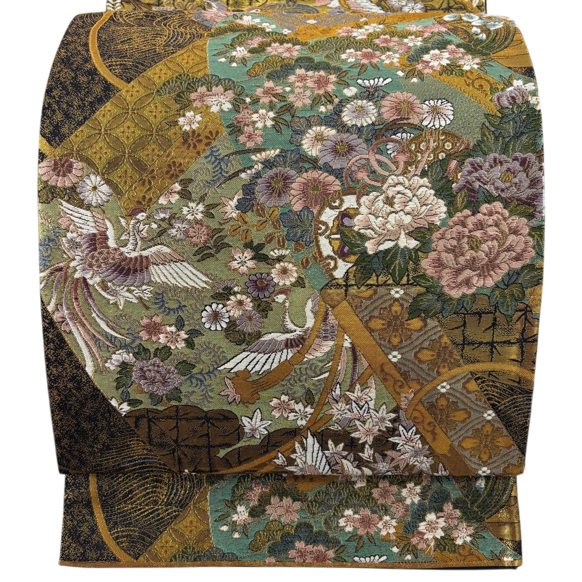 【美品】 袋帯 秀品 花鳥 鼓 金糸 箔 金茶 全通 正絹 【中古】