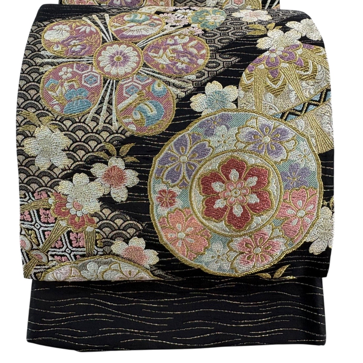 【美品】 袋帯 秀品 証紙あり 手鞠 桜 金糸 箔 黒 六通 正絹 【中古】