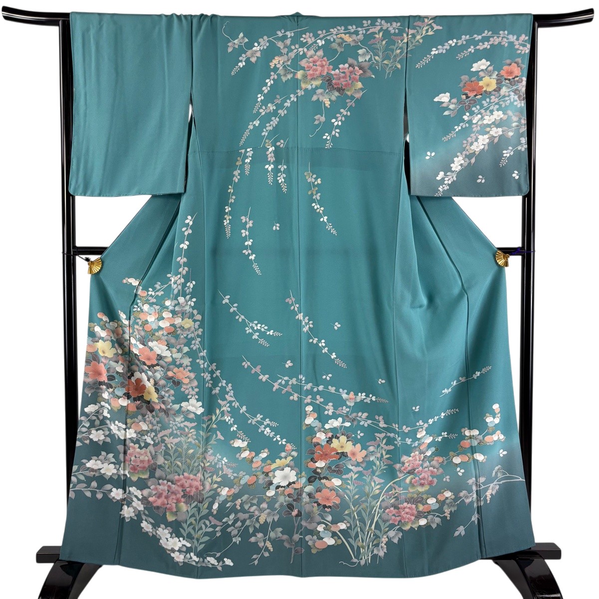 訪問着 身丈162cm 裄丈66.5cm M 袷 草花 紫陽花 ぼかし 青緑 正絹 秀品 【中古】 6,160円