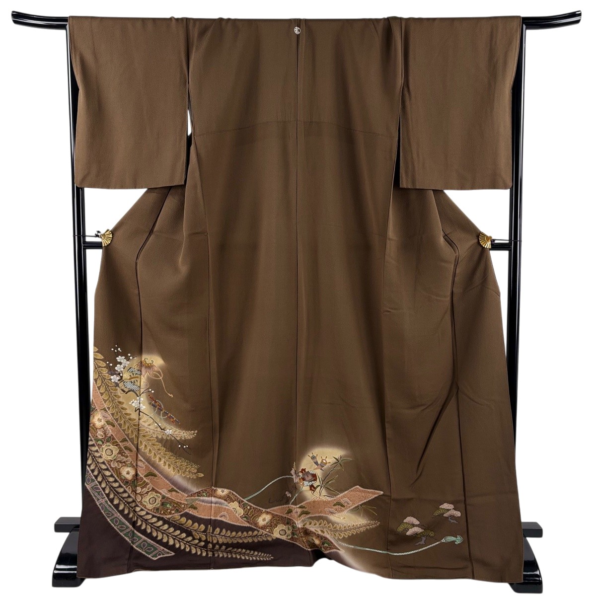 色留袖 身丈169cm 裄丈69cm L 袷 宝尽くし 辻が花 金彩 ぼかし 茶色 正絹 秀品 一つ紋 【中古】