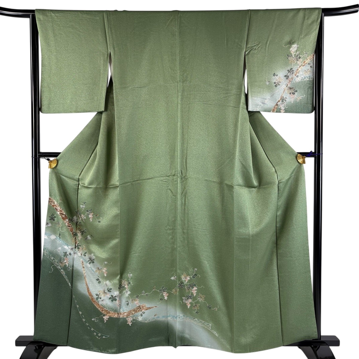 付下げ 身丈159.5cm 裄丈65.5cm M 袷 ぶどう 熨斗 金銀彩 ぼかし よもぎ色 正絹 秀品 【中古】