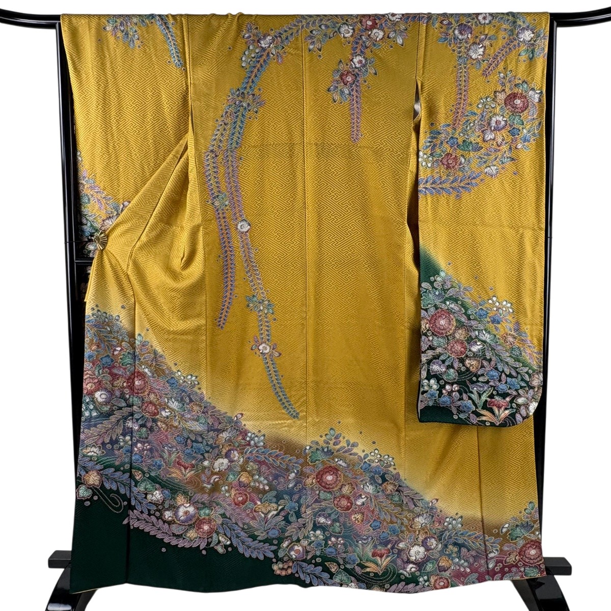 振袖 身丈165.5cm 裄丈66.5cm M 袷 辻が花 草花 金彩 染め分け からし色 正絹 名品 【中古】