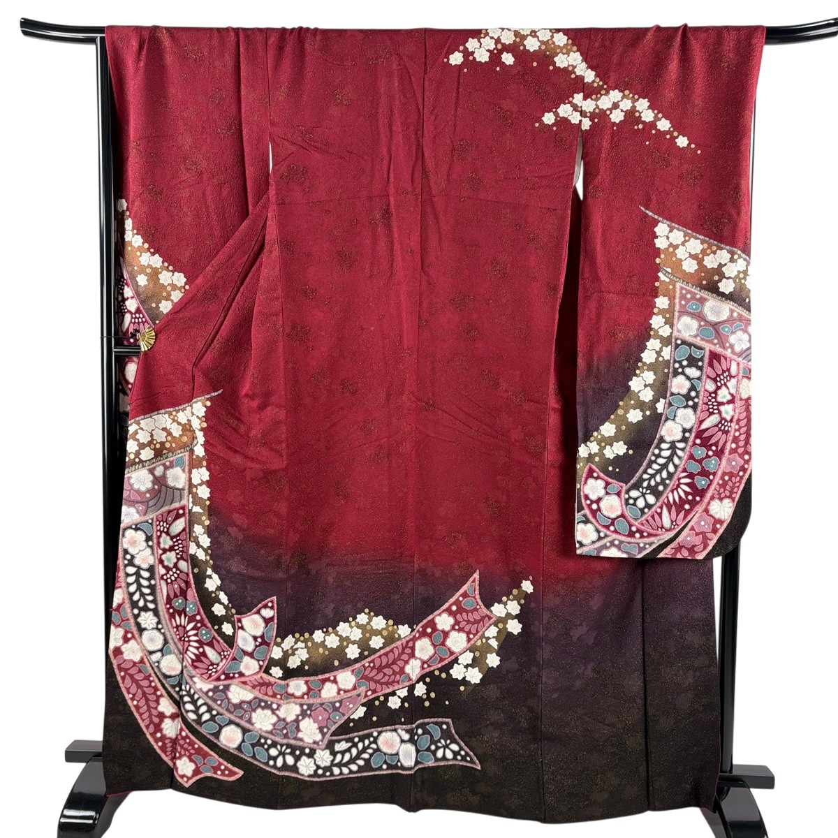 振袖 身丈166cm 裄丈69cm L 袷 几帳 草花 金通し 金彩 えんじ色 正絹 名品 【中古】