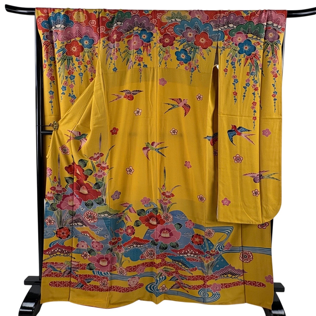 振袖 身丈169.5cm 裄丈69cm L 袷 ますいわ屋 落款あり 椿 鳥 山吹色 正絹 名品 【中古】
