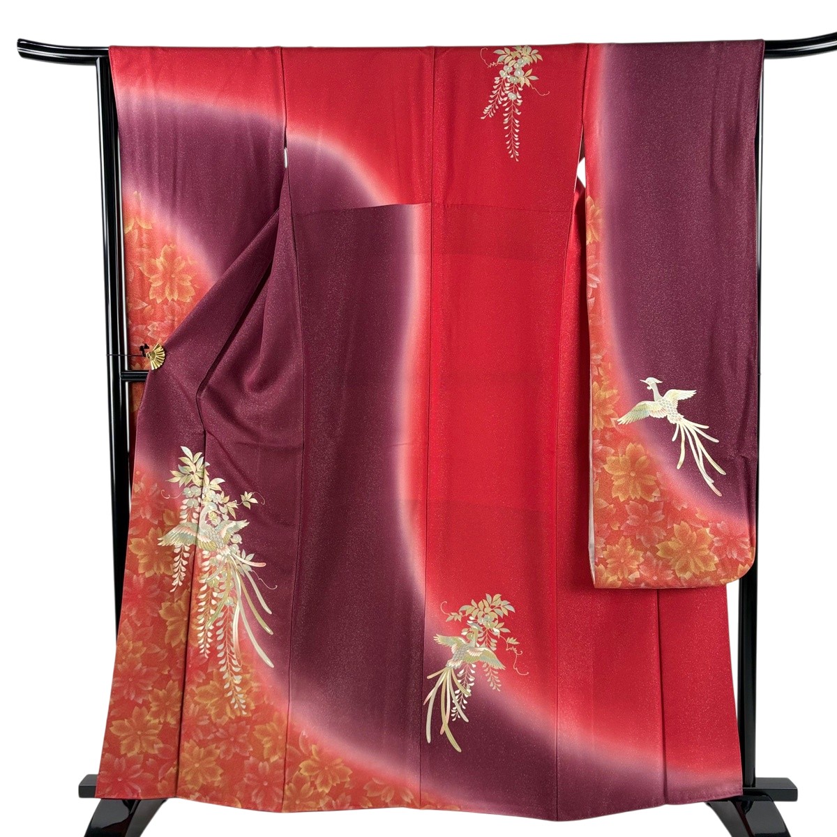振袖 身丈162cm 裄丈65cm M 袷 尾長鳥 藤 銀通し 金彩 赤紫 正絹 名品 【中古】